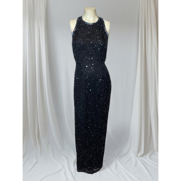 Vintage Laurence Kazar Black Silk Beaded Embellished Open Back Maxi Dress Size M - Picture 1 of 7